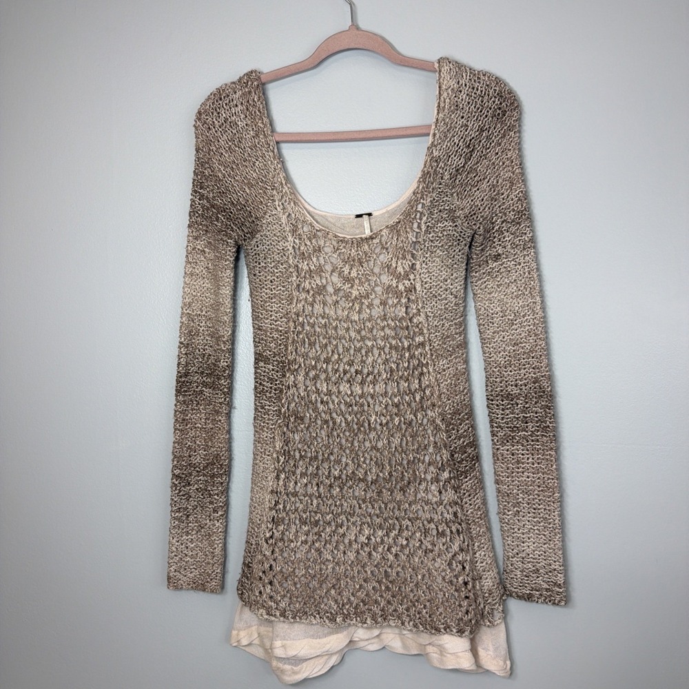 Free People Sweater Open Knit Cream Brown Gauze Hem Boho Granola Tunic XS